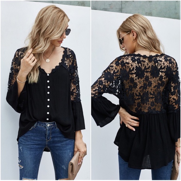 027 Boho Floral Embroidered Crochet Lace Button Up top - Picture 6 of 9